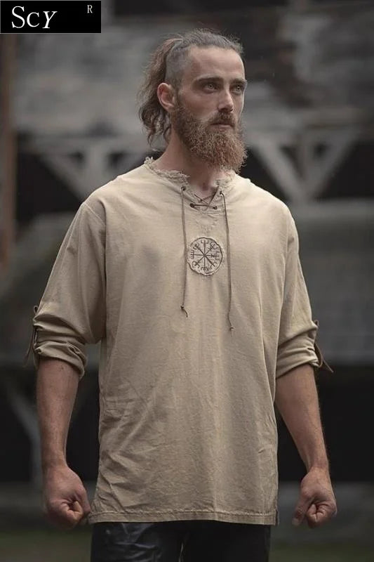 Men's Plus Size Viking Embroidered Shirt – Lace-Up