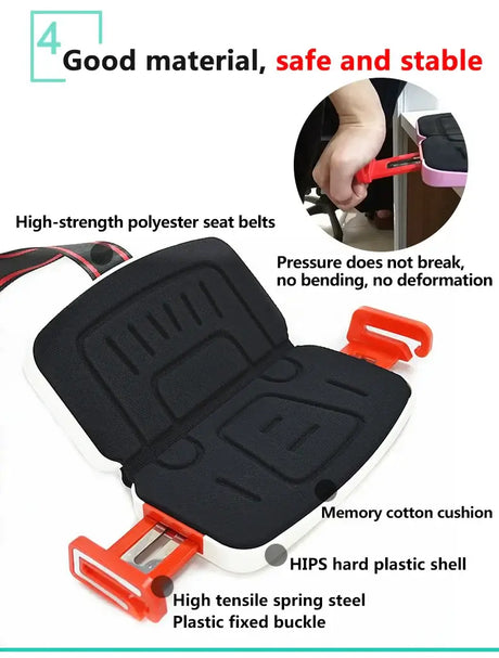 Minifold Portable Baby Car Seat with high-strength polyester seat belts and memory cotton cushion for safety and comfort.