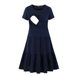 Navy blue sleeveless nursing dress with cutout design and flared skirt, perfect for summer maternity wear.