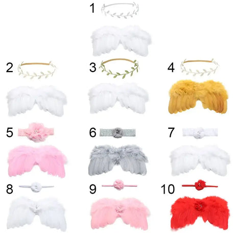 Collection of cute newborn angel feather wings and headbands for baby girls in various colors and styles.