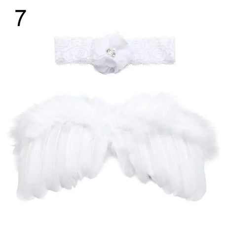Cute newborn angel wings with white feather accents and matching rose flower headband for baby girls.