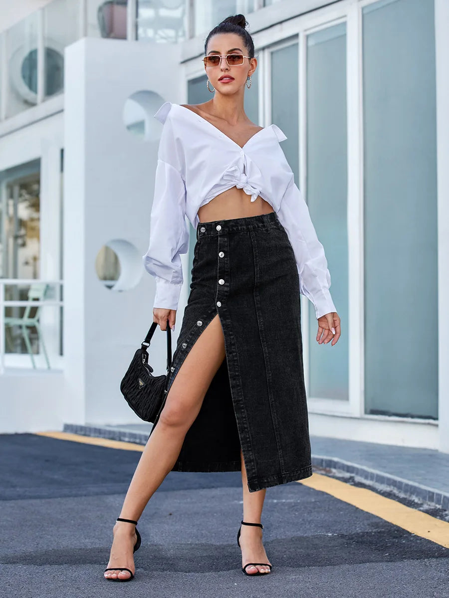 SpiceShape™ – Button Bodycon Denim Skirt (Autumn/Winter Streetwear)
