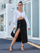 SpiceShape™ – Button Bodycon Denim Skirt (Autumn/Winter Streetwear)