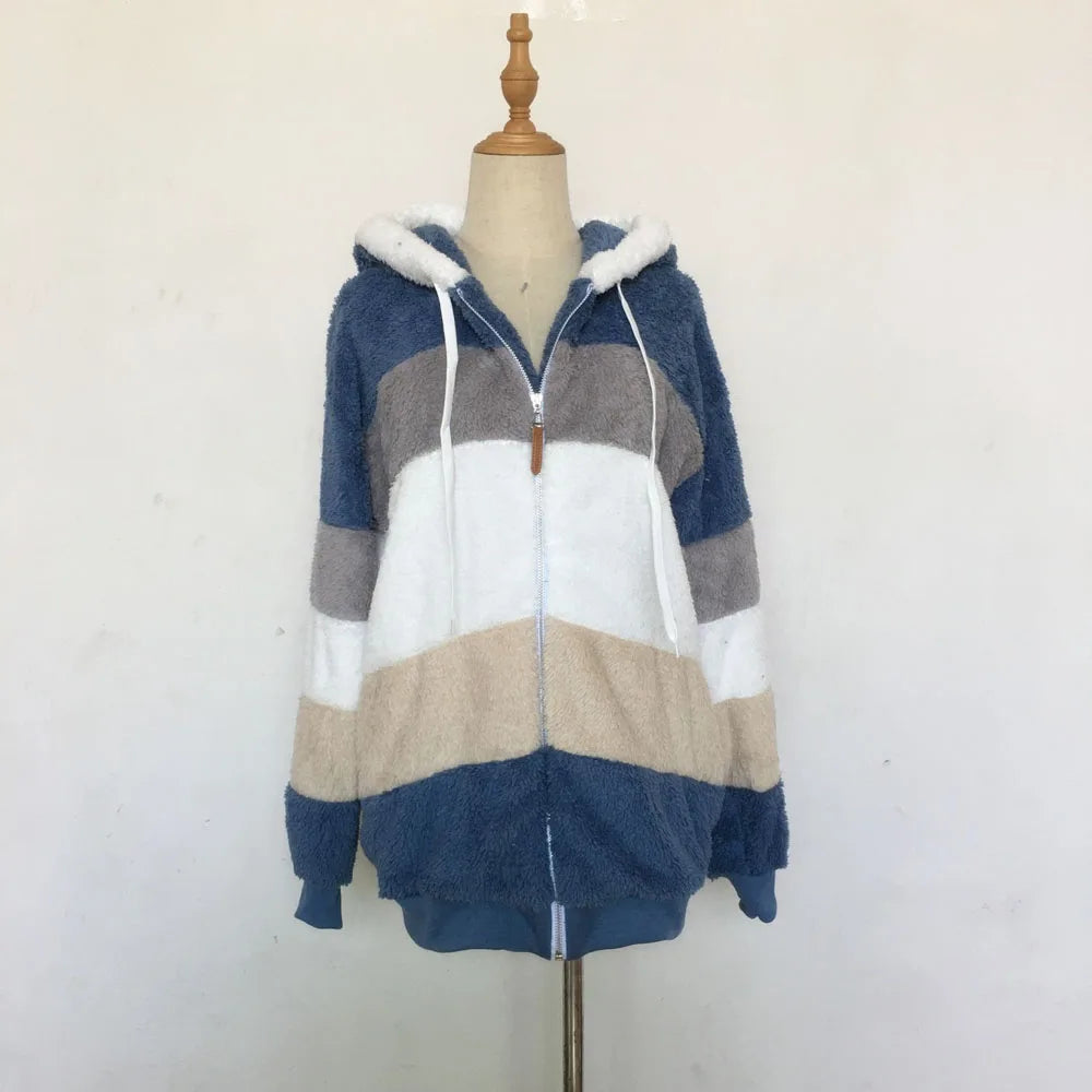 Warm Plush Patchwork Hooded Winter Coat