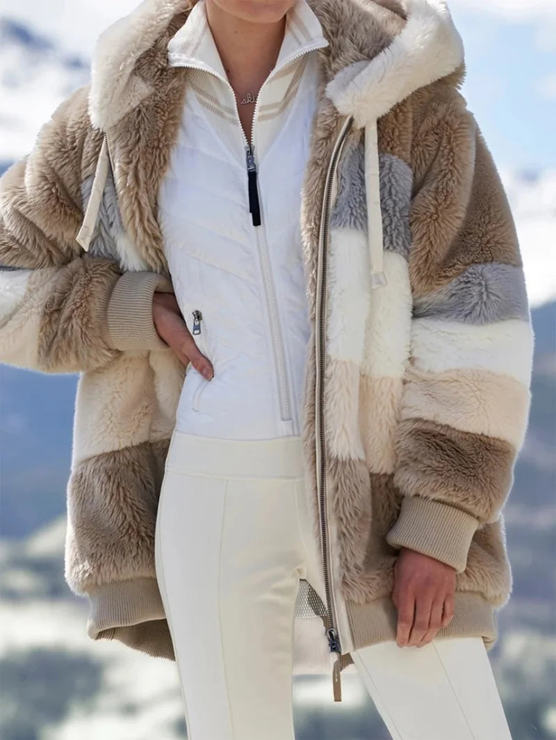Warm Plush Patchwork Hooded Winter Coat