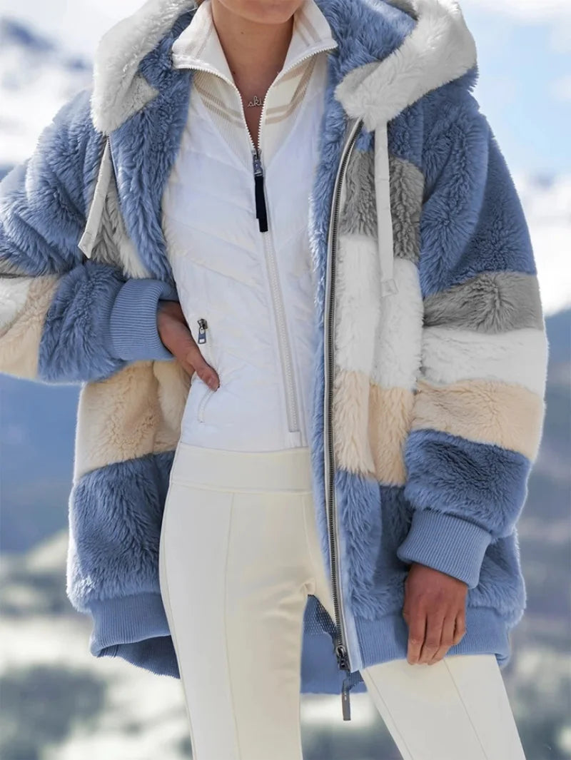 Warm Plush Patchwork Hooded Winter Coat
