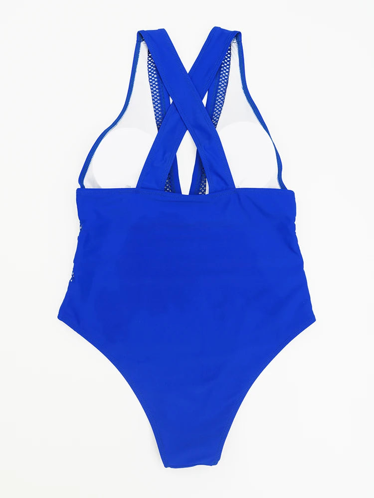 Women Mesh Patchwork Deep V One Piece Swimsuit