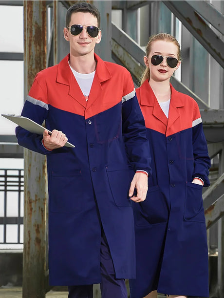 Two models wearing a durable workshop coverall in navy and red, showcasing a stylish and practical design for utility and safety.