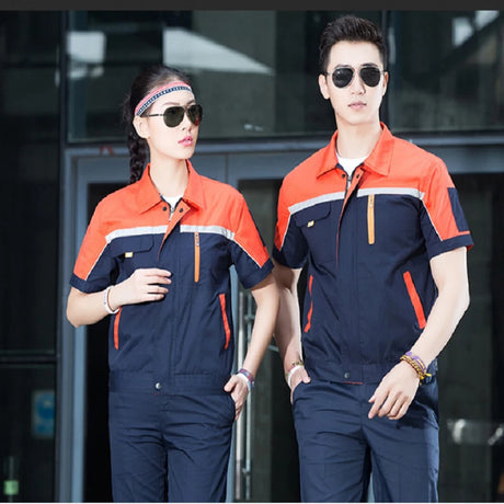 Summer short-sleeve coveralls for men and women in breathable fabric, perfect for auto repair and maintenance work.
