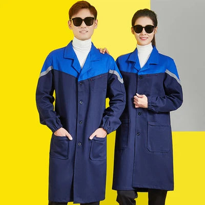 Unisex workshop coveralls in blue and navy, featuring reflective stripes, perfect for utility and safety.