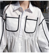 Solid color maternity shirt dress with turn-down collar and contrast pockets, perfect for summer beach parties.