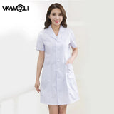 Short sleeve white lab coat for women, featuring button pockets, suitable for medical work or uniforms.