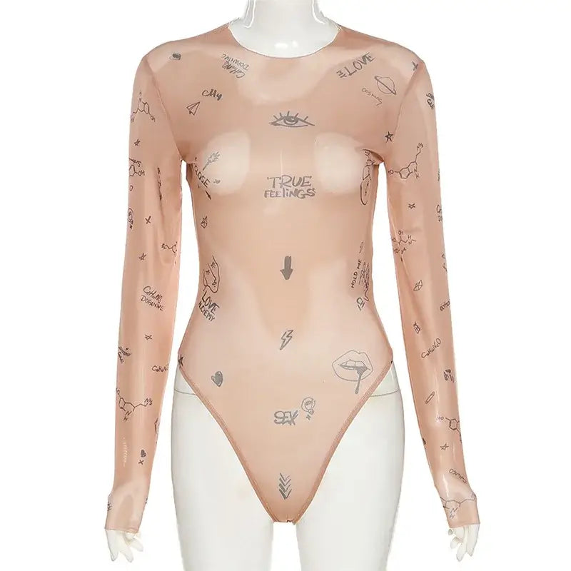 Women Slim Long Sleeve Print Bodysuit