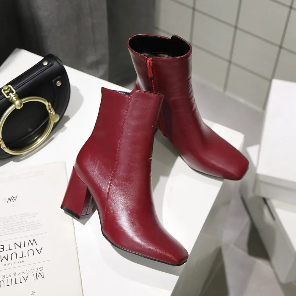 Women Side Zipper Mid-Heel Ankle Boots – Winter Casual Shoes