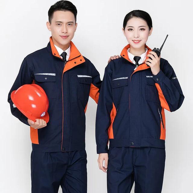 Unisex durable work clothing set for men and women, featuring navy and orange colors, ideal for workshops and safety.