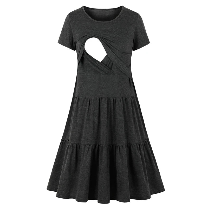 Sleeveless pleated nursing dress in dark gray, featuring a unique breastfeeding design, perfect for maternity wear.