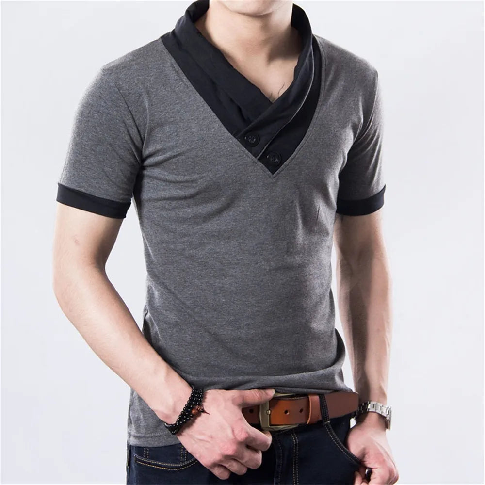 Men's Plus Size Patchwork V Neck T-Shirt – Black