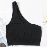 MonoSculpt™ one-shoulder seamless crop top in black, women's streetwear-inspired design, made from nylon and spandex.