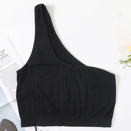 MonoSculpt™ one-shoulder seamless crop top in black, women's streetwear-inspired design, made from nylon and spandex.