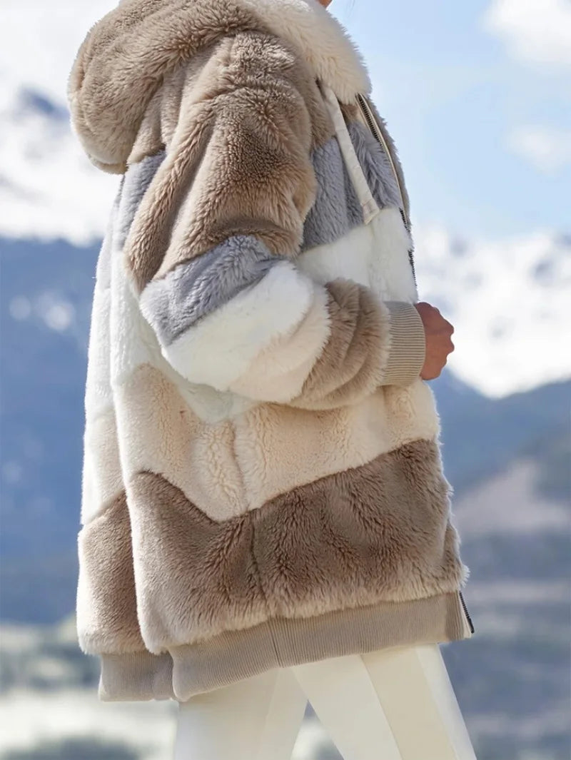 Warm Plush Patchwork Hooded Winter Coat