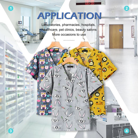 Printed nursing scrub tops displayed in a healthcare setting, ideal for labs, pharmacies, and beauty salons.