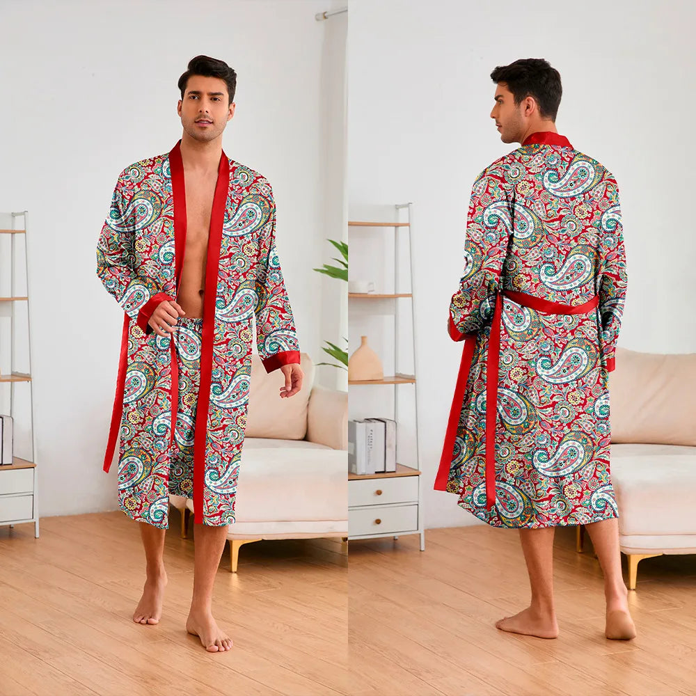 Men’s Leopard Satin Bathrobe Set