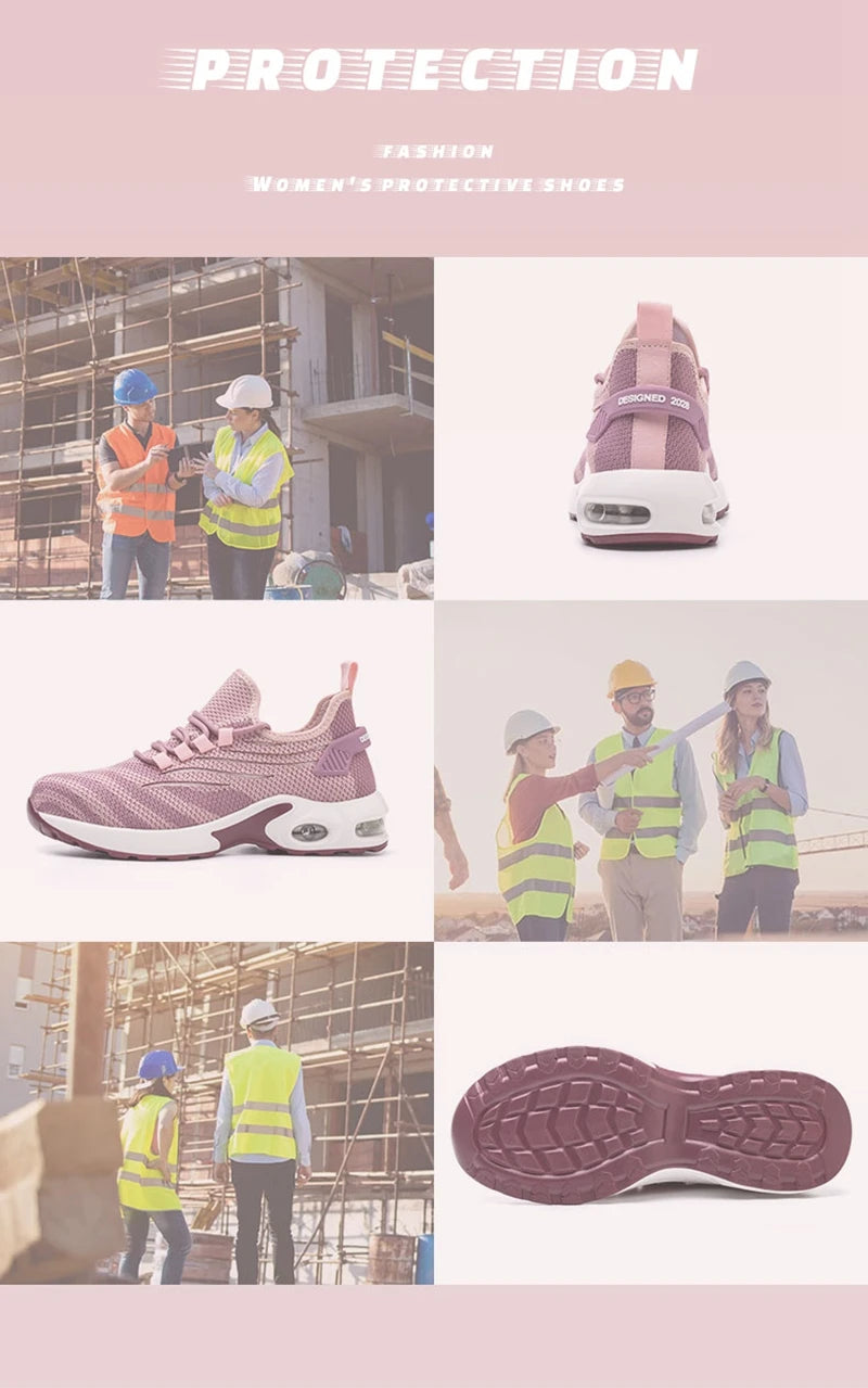 Women Safety Shoes Pink Steel Toe Sneakers