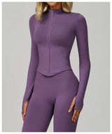 Ribbed Women's Yoga Jacket – Long Sleeve Standing Collar Fitness Top