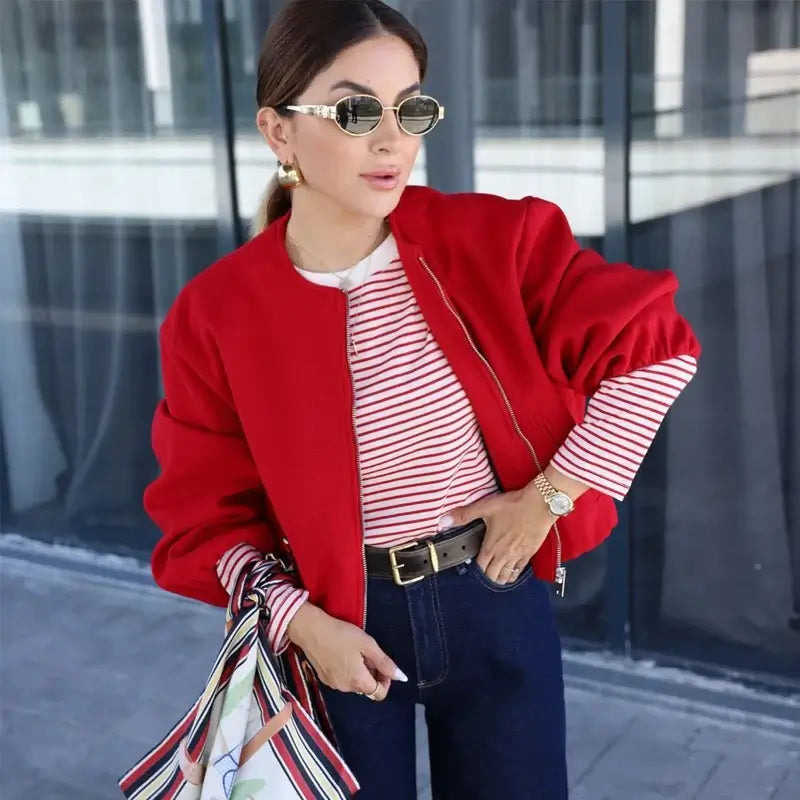 Women Red Zipper Cropped Bomber Jacket