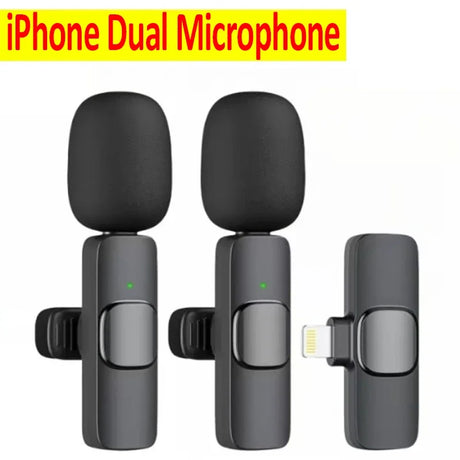 Wireless dual microphone set for iPhone, featuring clip-on lavalier design for streaming and social media use.