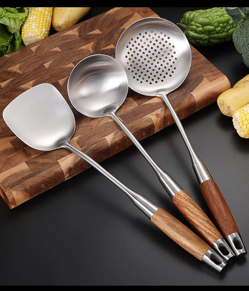 7-Piece Stainless Steel Utensil Set with Wooden Handle