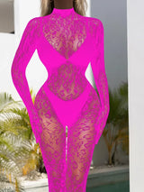 Women Lace Fishnet Long Sleeve Jumpsuit
