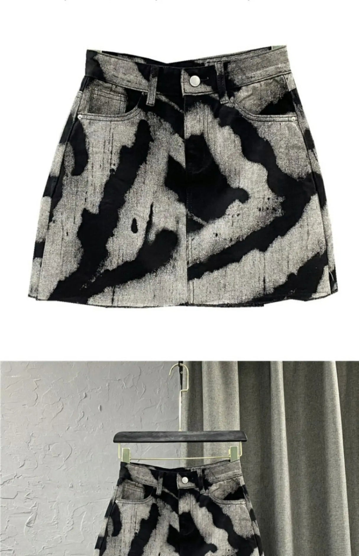 DyeDrape™ – Tie-Dye Short Denim Skirt (Black Gray, Fringed A-Line)