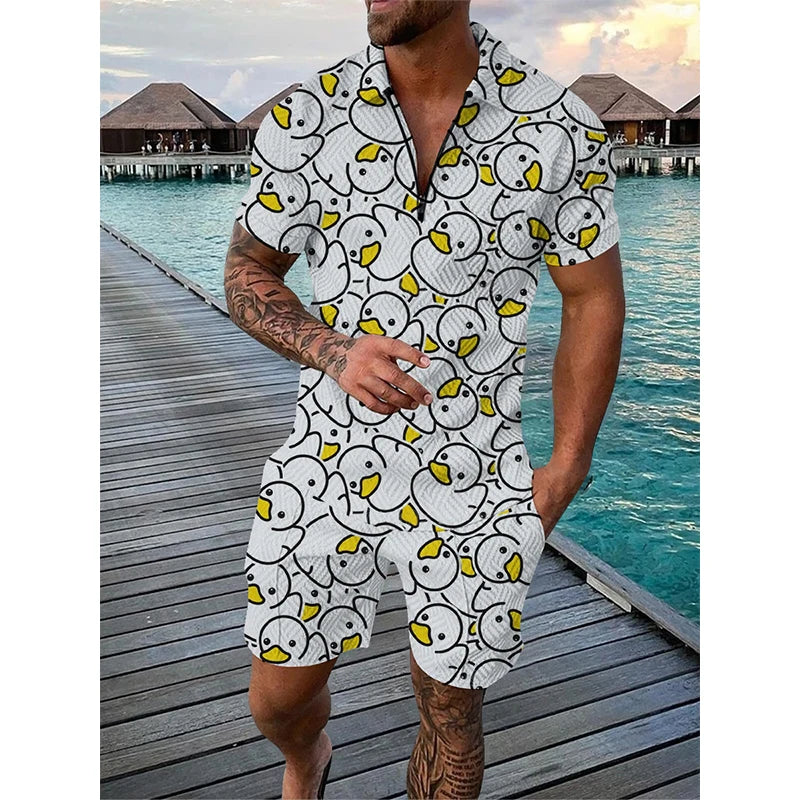 Men's 3D Print Polo & Shorts Set
