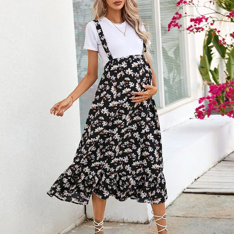 Comfortable floral maternity dress for summer, featuring a mid-calf length and stylish bodice.