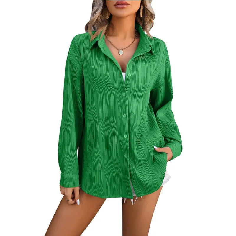HarajukuMuse™ green casual blouse for women with long sleeves and turn-down collar, perfect for spring and autumn.