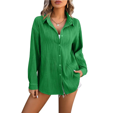 HarajukuMuse™ green casual blouse for women with long sleeves and turn-down collar, perfect for spring and autumn.