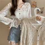 SheerCharm™ see-through lace sun shirt showcased on a model, featuring long sleeves and a v-neck design.