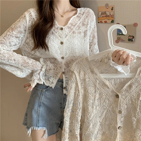 SheerCharm™ see-through lace sun shirt showcased on a model, featuring long sleeves and a v-neck design.
