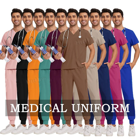 Unisex nurse surgical scrub suit jogger set in various colors, suitable for medical and work environments.