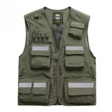Reflective utility vest with multiple pockets, ideal for work and safety, made of durable fabric.