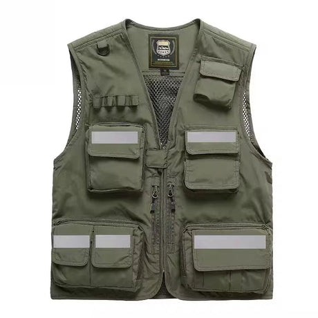 Reflective utility vest with multiple pockets, ideal for work and safety, made of durable fabric.