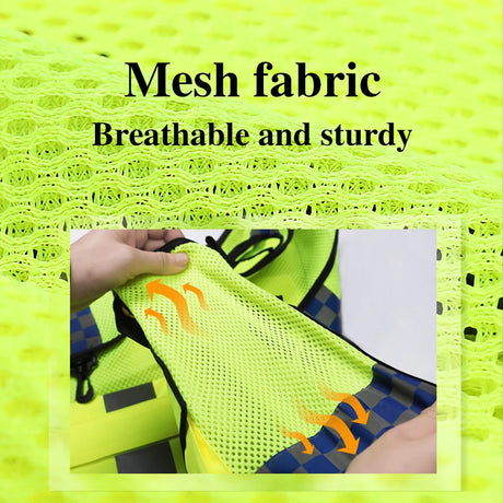 Close-up of breathable mesh fabric on an adjustable safety vest, showcasing durability and comfort.