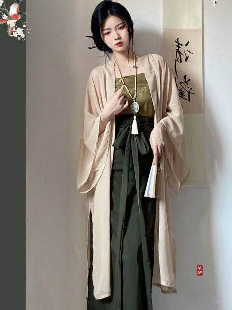 Elegant woman wearing a Princess Song Dynasty Hanfu, 3-piece robe in beige and green, showcasing traditional Chinese fashion.