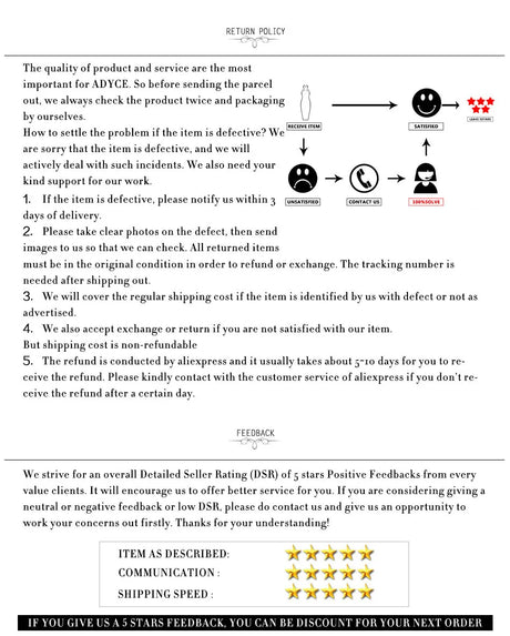 Return policy information detailing product quality, returns, feedback, and customer service for ADYC.
