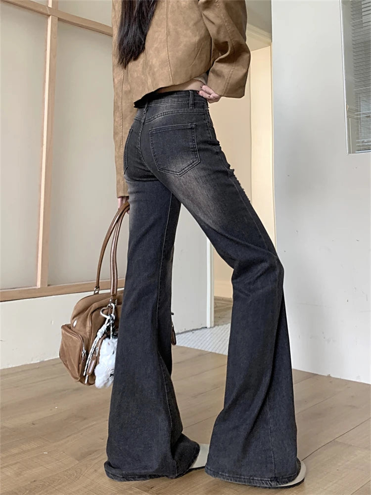 FadeFlare™ – Distressed Micro Flare Jeans (Black Gray, Streetwear Style)