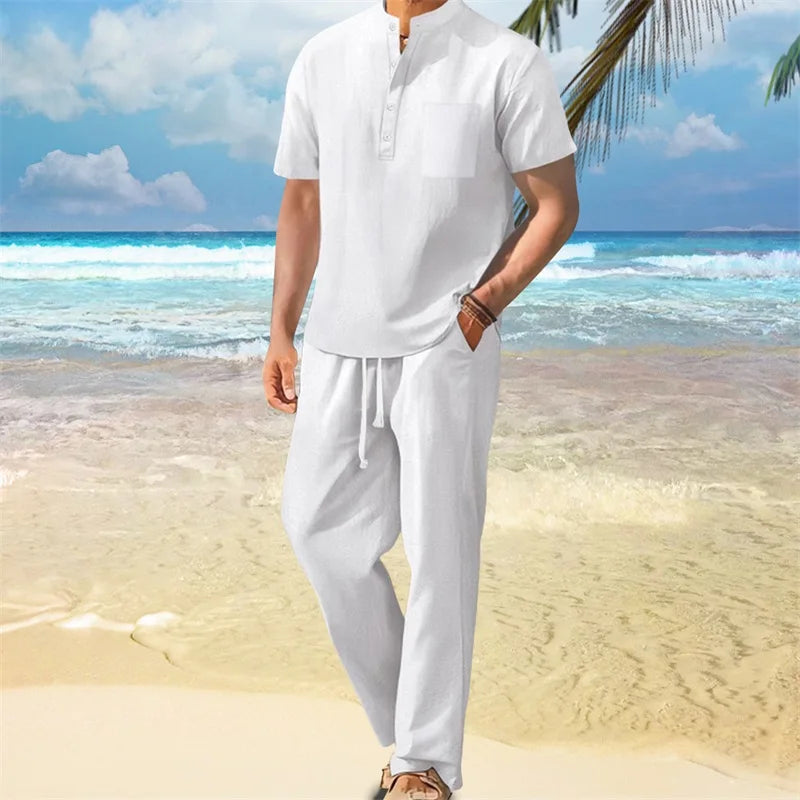 Men Henley Shirt Pants Set