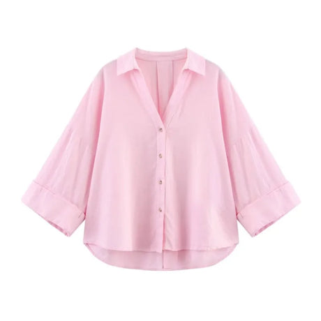 AsymLinen™ wide sleeve pink linen shirt with button-down design and loose fit for women.