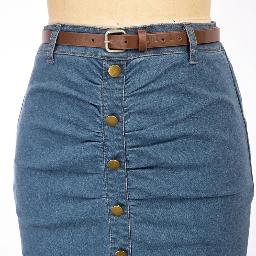 BuckleCurve™ – Ruched Belt Bodycon Skirt (High Waist Retro Denim)