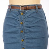 BuckleCurve™ – Ruched Belt Bodycon Skirt (High Waist Retro Denim)
